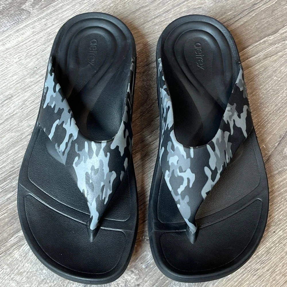 Aetrex Maui Orthotic Flip Flops Black Grey Camo Thong Sandals Mens 10-11